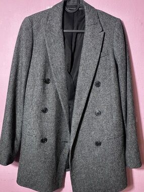 AllSaints Gray Herringbone Double-Breasted Blazer